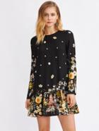 Romwe Bow Tied Back Drop Waist Botanical Dress