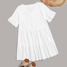 Romwe Solid V-neck Flounce Sleeve Ruffle Hem Smock Dress