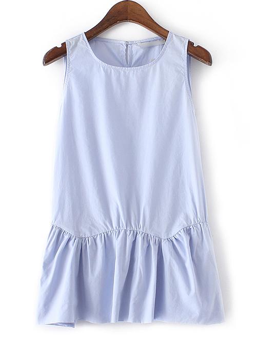 Romwe Blue Sleeveless Ruffle Hem Key-hole Blouse