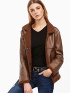 Romwe Brown Faux Leather Jacket With Faux Shearling Lining