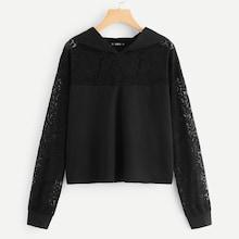 Romwe Contrast Lace Solid Hoodie