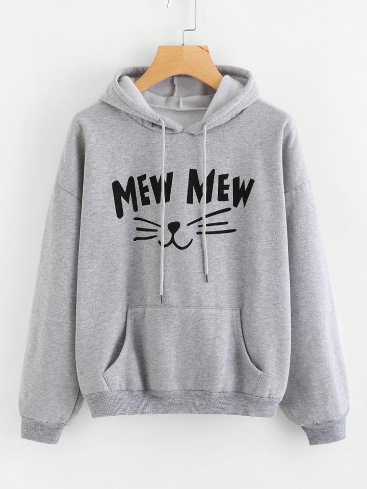 Romwe Cat Print Kangaroo Pocket Hoodie
