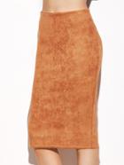 Romwe Camel Suede Slit Back Pencil Skirt