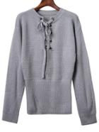 Romwe Grey Ribbed Cuff Wide Hem Lace Up Sweater
