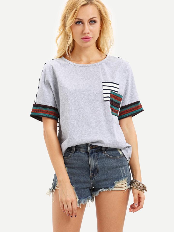 Romwe Short Sleeve Stripe Back Pocket T-shirt
