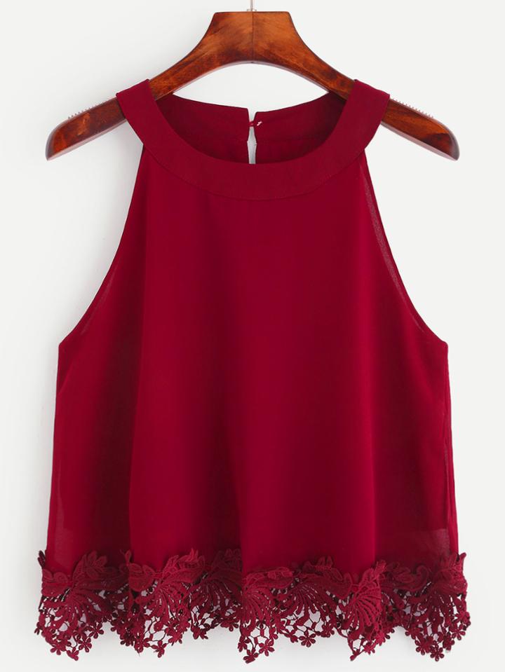 Romwe Burgundy Crochet Trim Chiffon Halter Neck Top