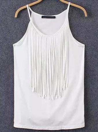Romwe White Spaghetti Strap Tassel Cami Top