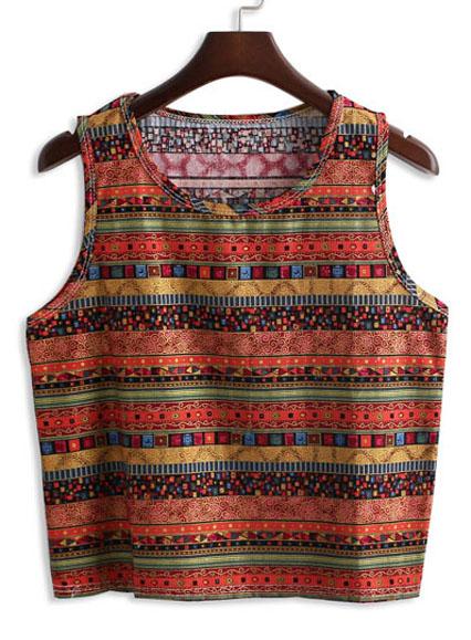 Romwe Vintage Geometric Print Orange Tank Top