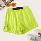 Romwe Neon Lime Flap Pocket Push Buckle Shorts