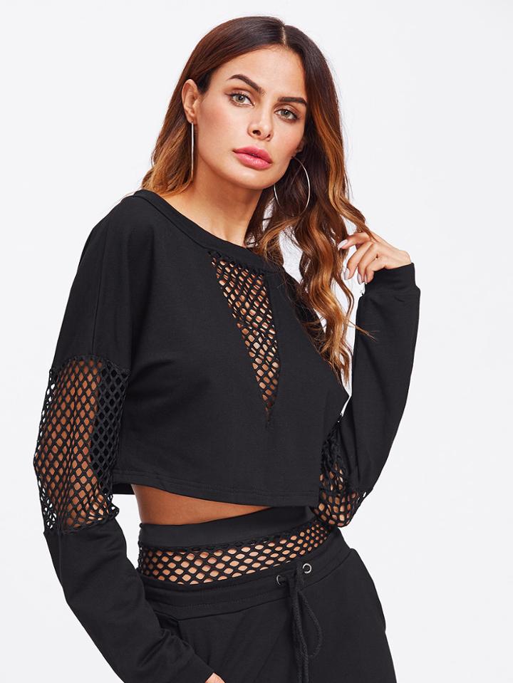 Romwe Fishnet Panel Crop Sweatshirt