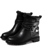 Romwe Black Round Toe Studded Buckle Faux Fur Short Boots