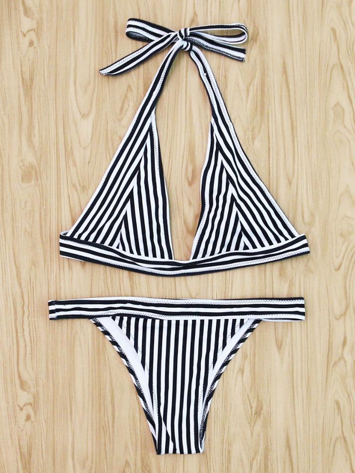 Romwe Vertical Striped Triangle Bikini Set