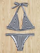 Romwe Vertical Striped Triangle Bikini Set
