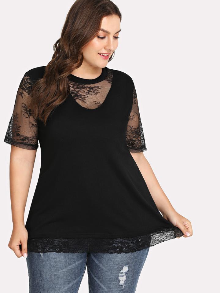 Romwe Sheer Lace Panel Tee
