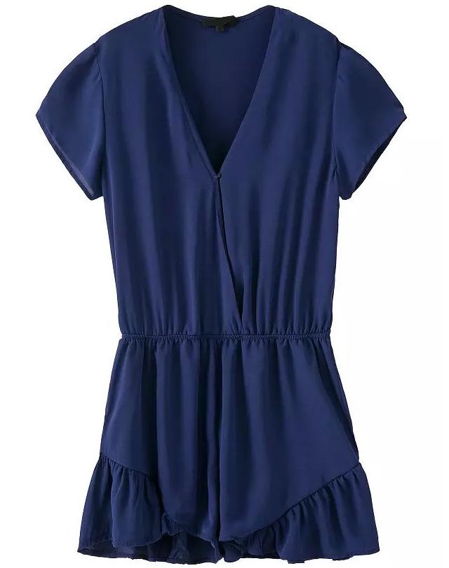 Romwe V Neck Short Sleeve Ruffle Navy Jumpsuit