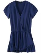 Romwe V Neck Short Sleeve Ruffle Navy Jumpsuit