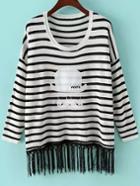 Romwe Striped Mustache Print Tassel White Sweater