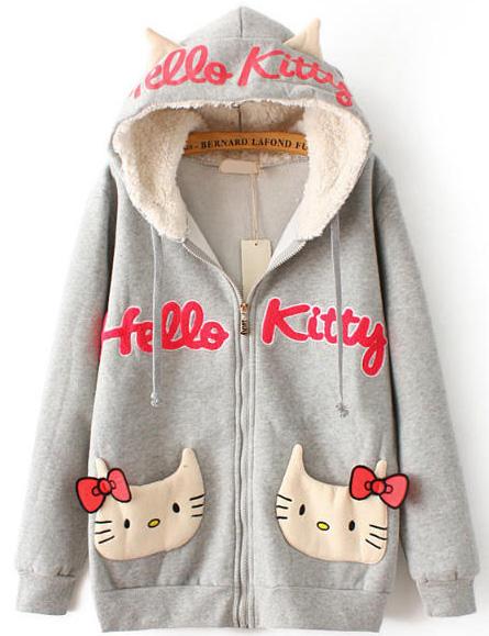 Romwe Hooded Hello Kitty Pattern Pockets Grey Sweatshirt