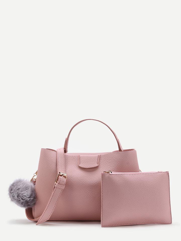 Romwe Pom Pom Detail Pu Shoulder Bag With Clutch