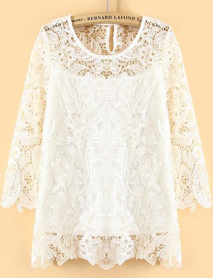 Romwe Round Neck Lace Embroidered White Top
