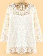 Romwe Round Neck Lace Embroidered White Top
