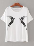 Romwe White Birds Print T-shirt