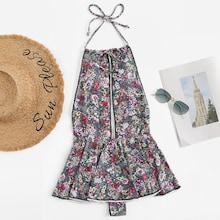 Romwe Random Floral Backless Flounce One Piece Swimsuit