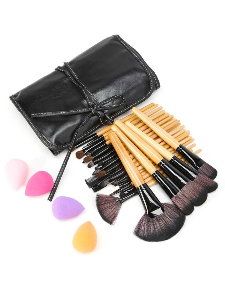 Romwe Fan Shaped Professional Brush Set With Bag And Puff
