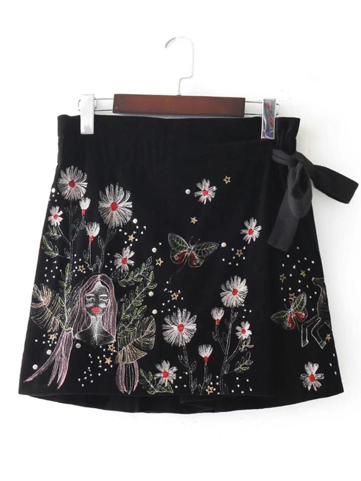 Romwe Side Tie Embroidery Velvet Skort