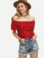 Romwe Burgundy Eyelet Embroidered Off The Shoulder Top