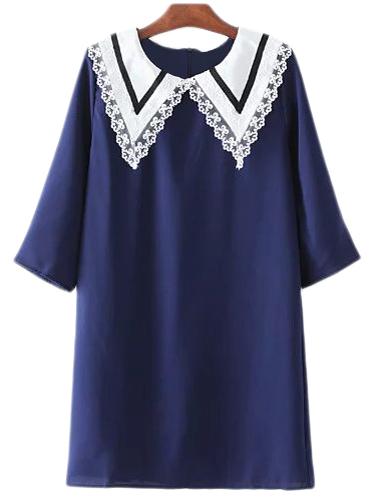 Romwe Navy Lace Trim Zipper Back Preppy Dress