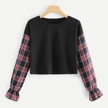Romwe Plaid Panel Sleeve Crop Tee