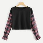 Romwe Plaid Panel Sleeve Crop Tee