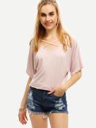 Romwe Crisscross Neck T-shirt - Pink