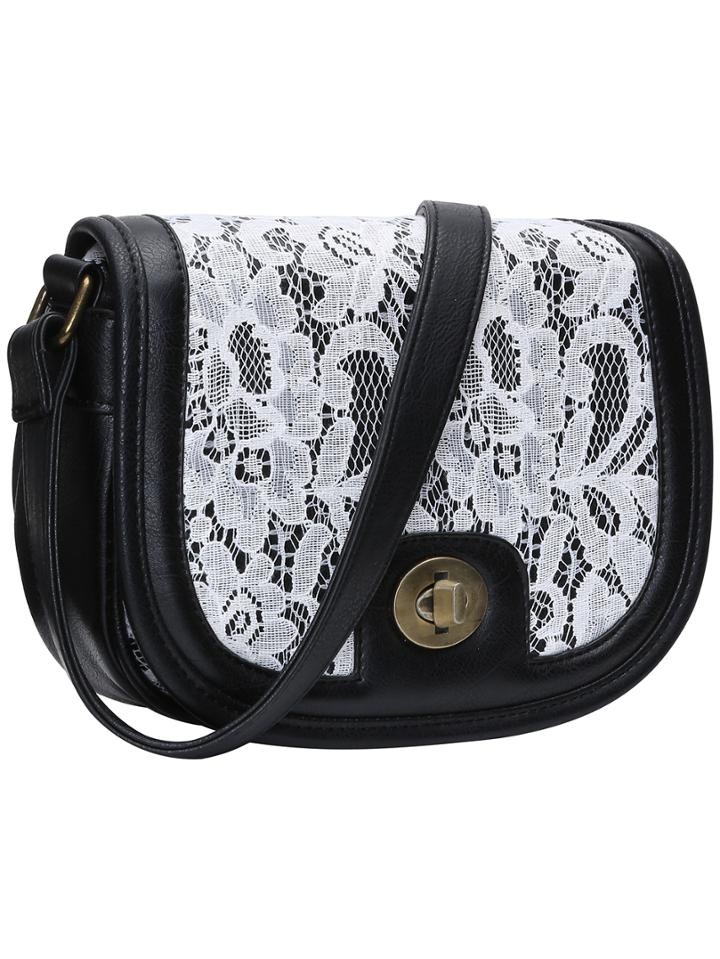 Romwe Black Contrast Lace Twist Lock Bag