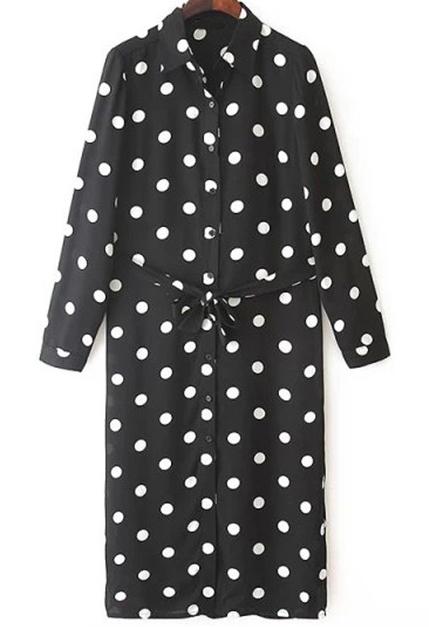 Romwe Polka Dot Tie-waist Black Dress