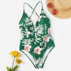 Romwe Lace-up Back Tropical Cami One Piece Swimsuit