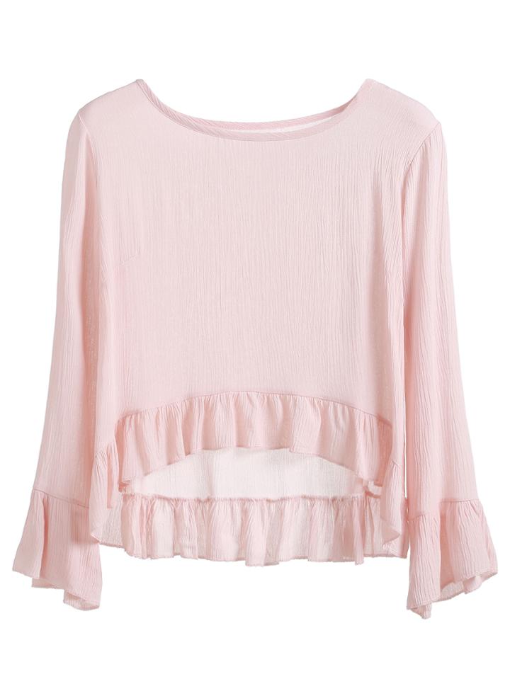 Romwe Pink High Low Ruffle Blouse