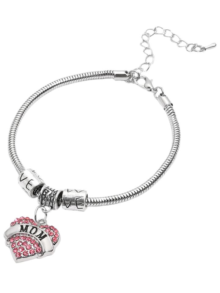 Romwe Pink Heart Rhinestone Mom Lettering Pendant