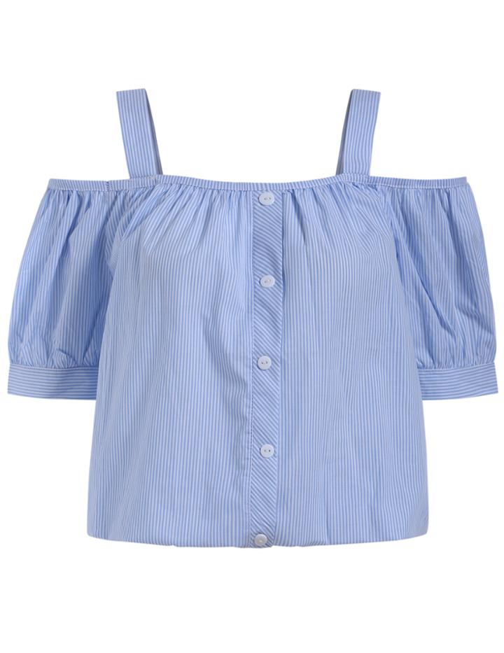Romwe Off The Shoulder Vertical Striped Blue Top