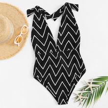 Romwe Chevron Tie Shoulder Plunge One Piece Swimsuit