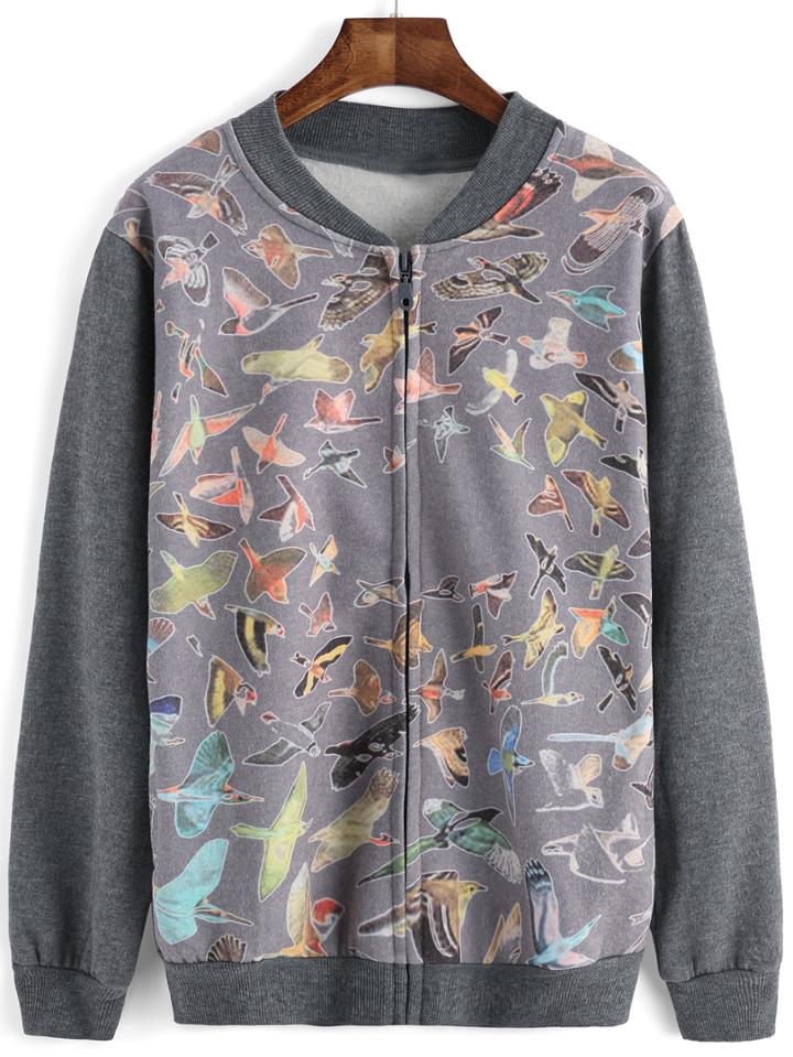 Romwe Bird Print Zipper Grey Jacket