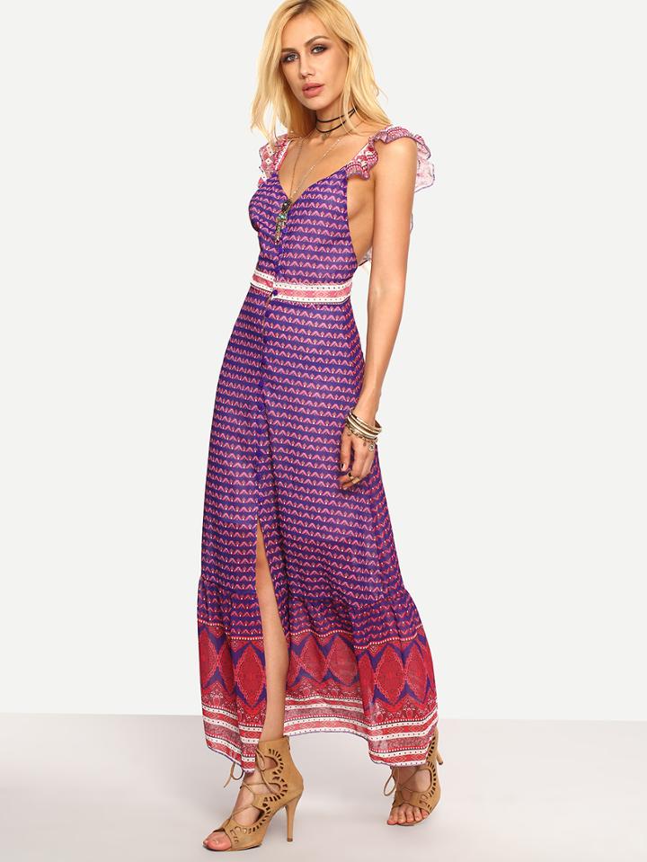 Romwe Buttoned Front Ruffled Tribal Print Dress - Purple