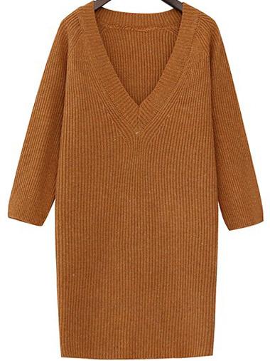 Romwe V Neck Khaki Sweater Dress