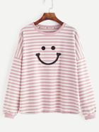Romwe Pink Striped Drop Shoulder Smile Embroidered Sweatshirt