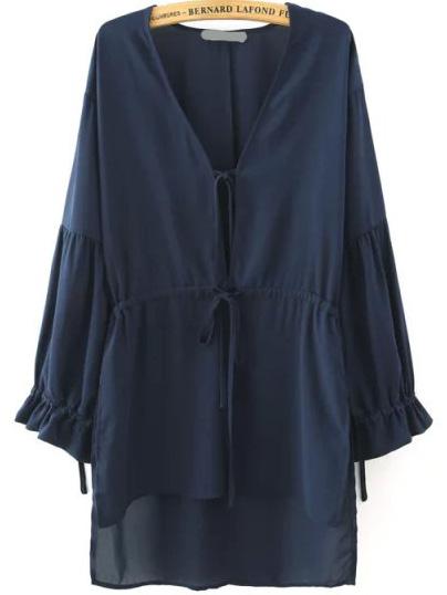 Romwe V Neck Dip Hem Chiffon Navy Blouse