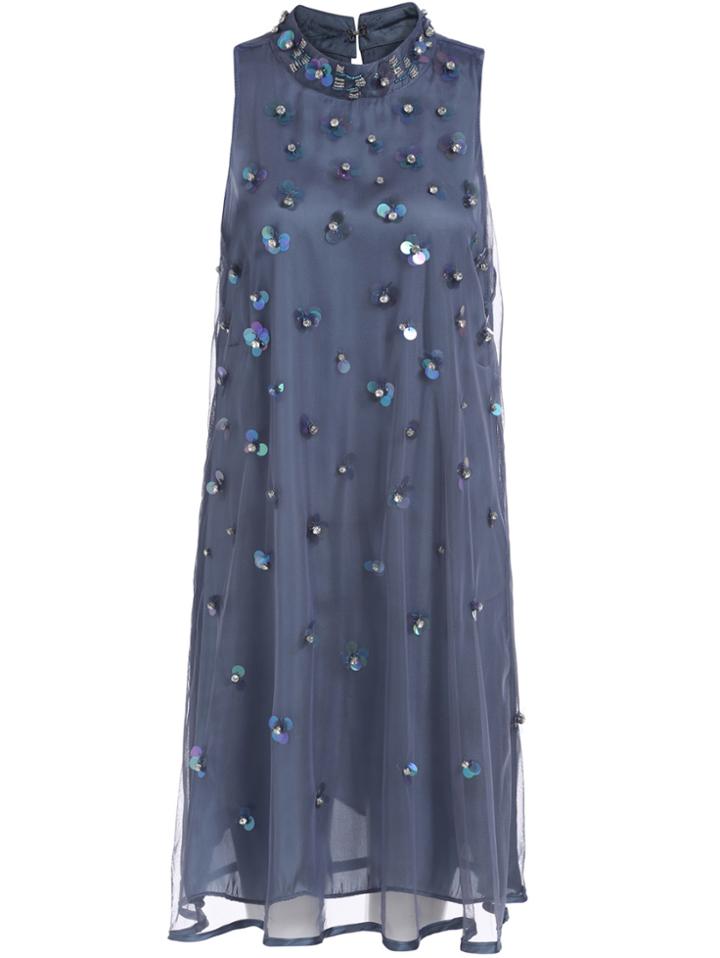 Romwe Stand Collar With Sequined Mesh Dress