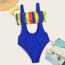 Romwe Striped Knot Back Bandeau With Suspender Two Piece Swim