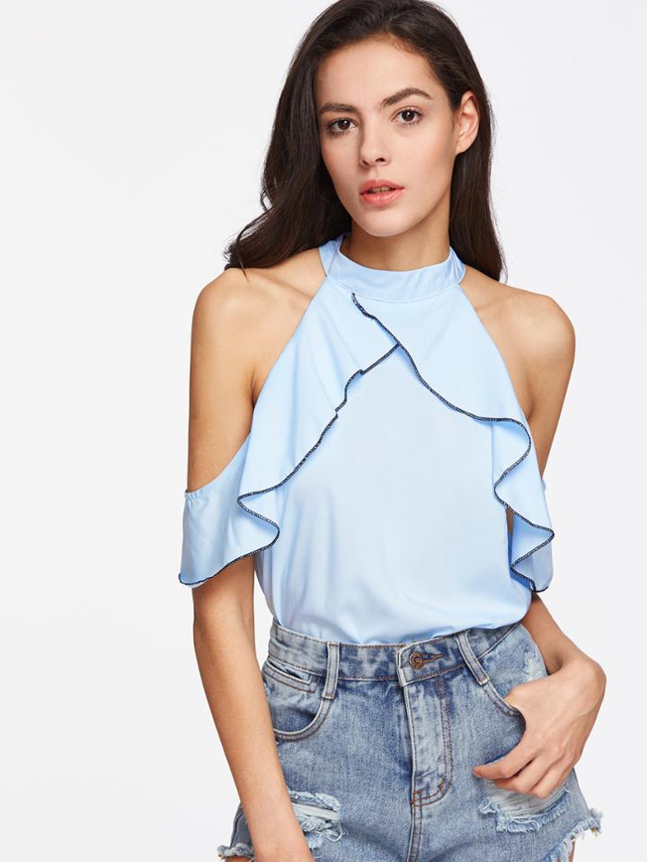 Romwe Frill Trim Cold Shoulder Halter Top