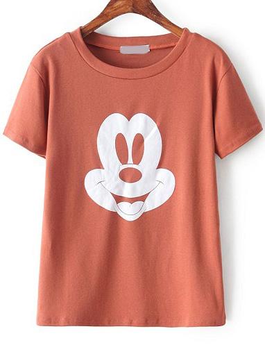 Romwe Round Neck Mickey Print Khaki T-shirt